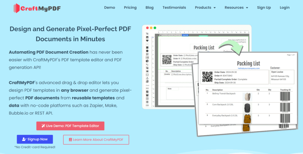 Screenshot of the CraftMyPDF homepage for creating and automating certificates

