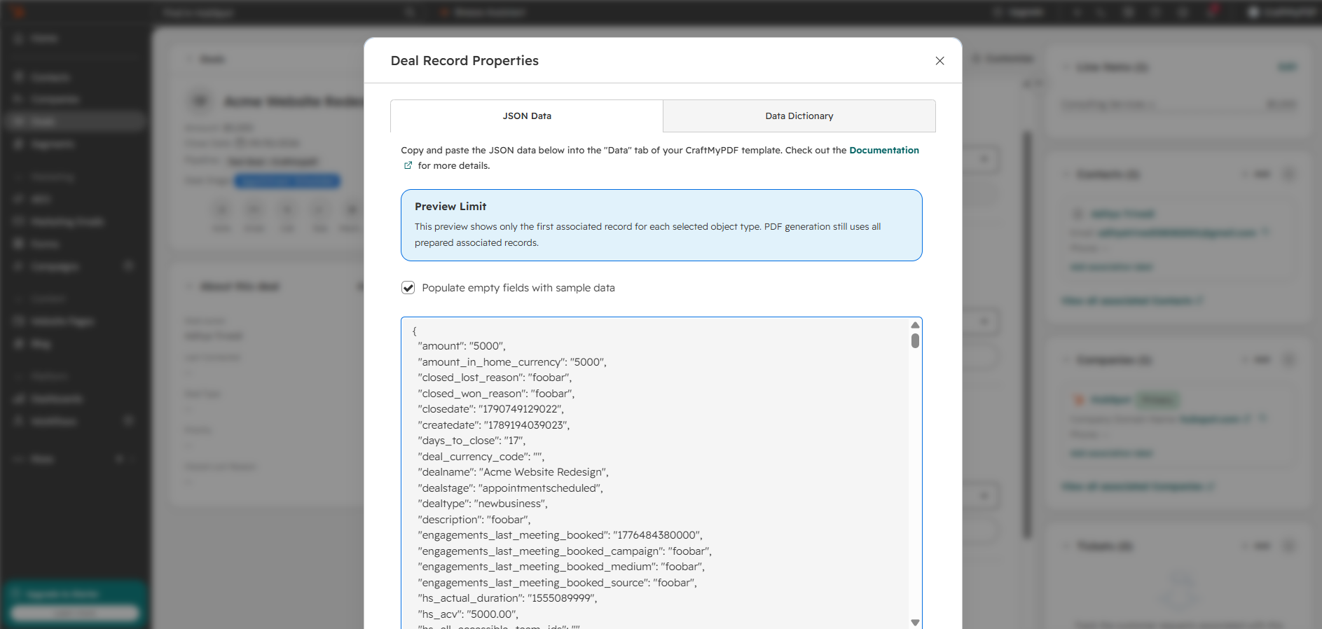 HubSpot deal record properties as JSON in the CraftMyPDF Preview Data dialog